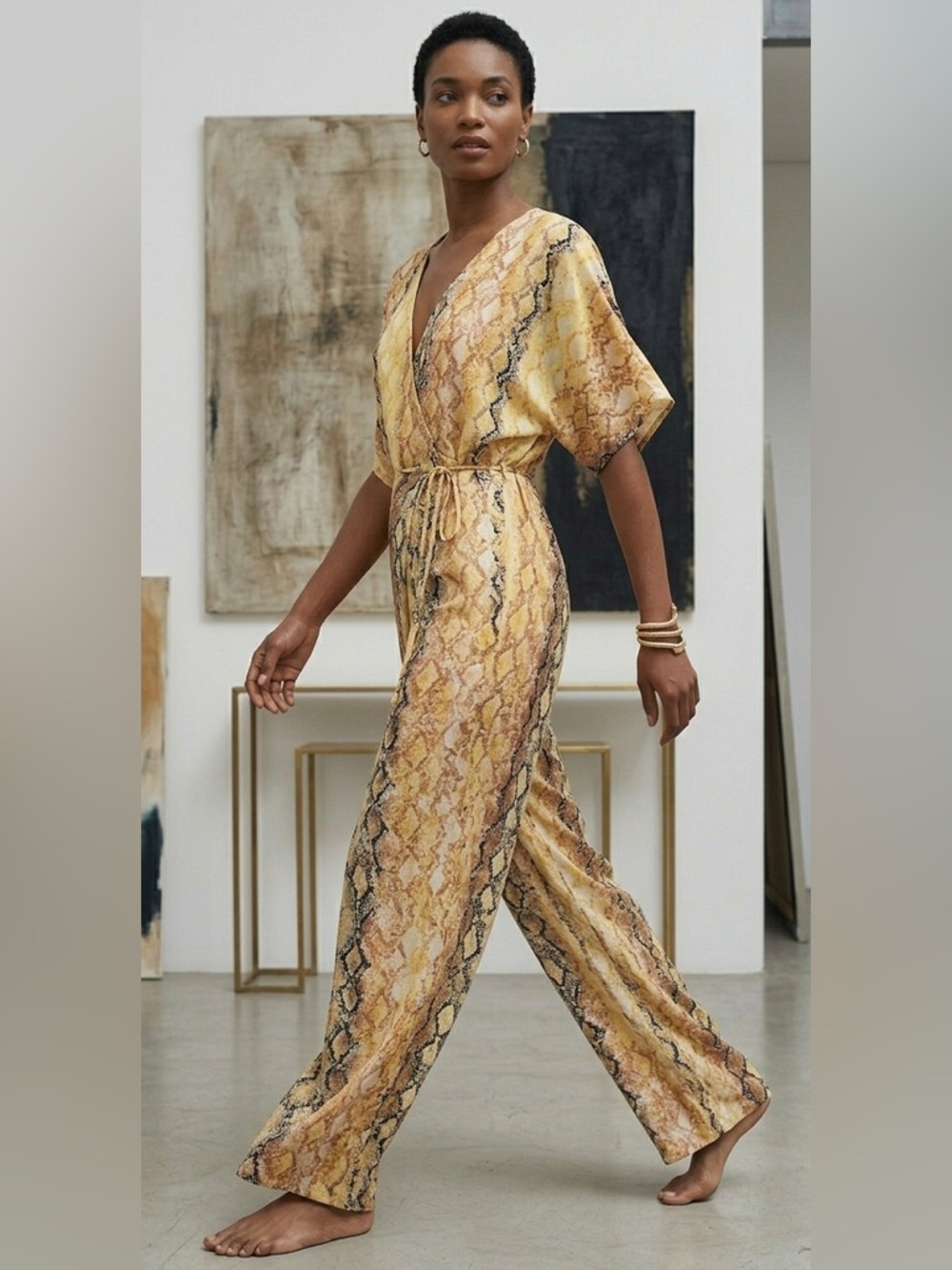 l*space That’s a Wrap Jumper Yellow Snake-Print Wrap Jumpsuit with Tie Waist